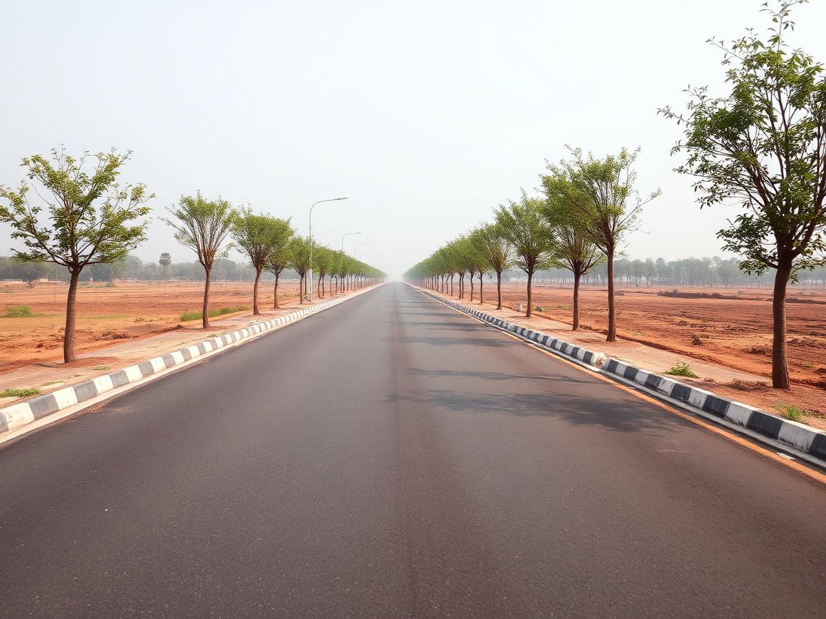 A newly laid road with boundary markers running through an approved layout
