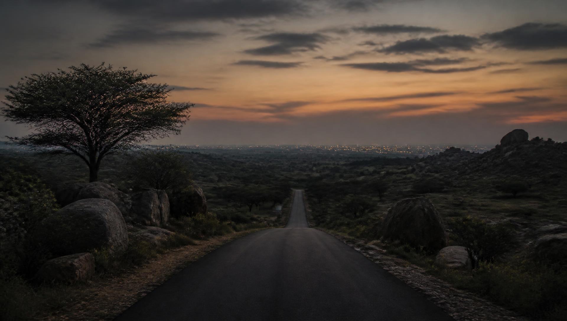 Open land at dusk on the outskirts of Hyderabad